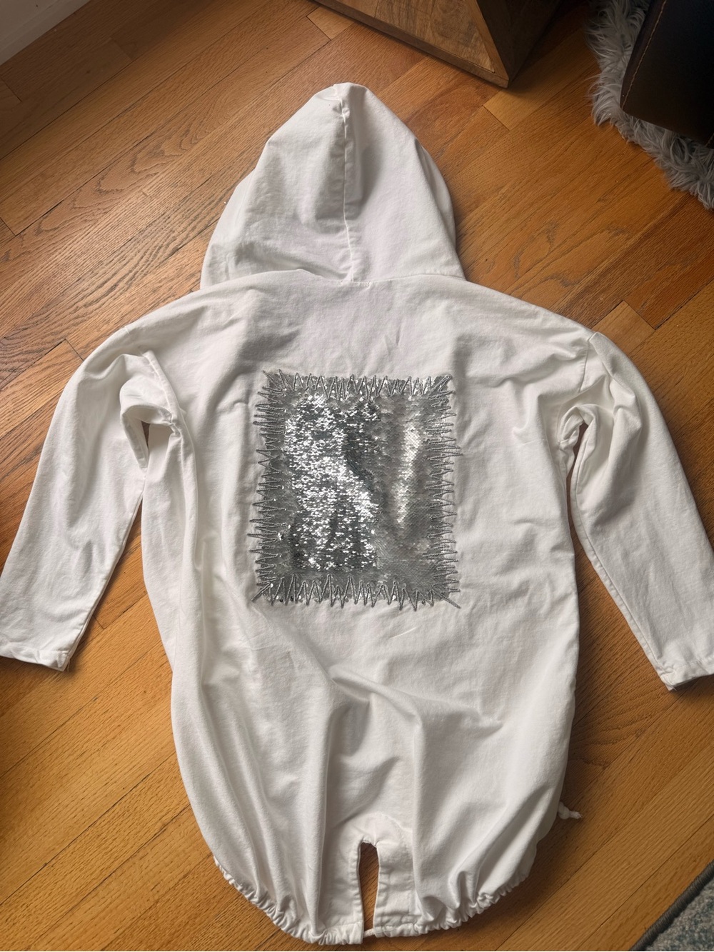 Made in Italy White Hooded Jacket Silver Sequin Embellished Back Statement